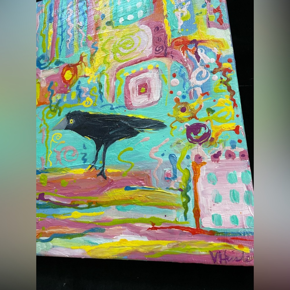 “Choose Happiness “Large Original Acrylic Painting 18”x14” With Crow - Picture 4 of 11